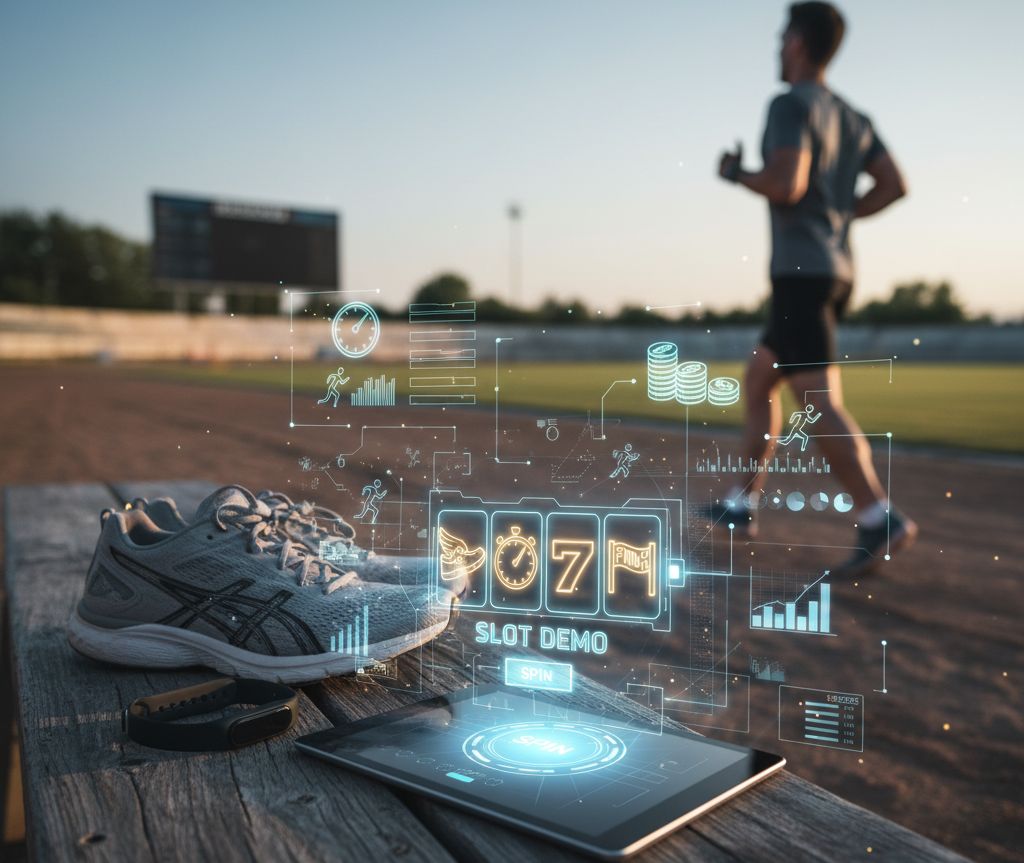 A runner practicing into the race track with his open tablet on the bench showing slot demo game