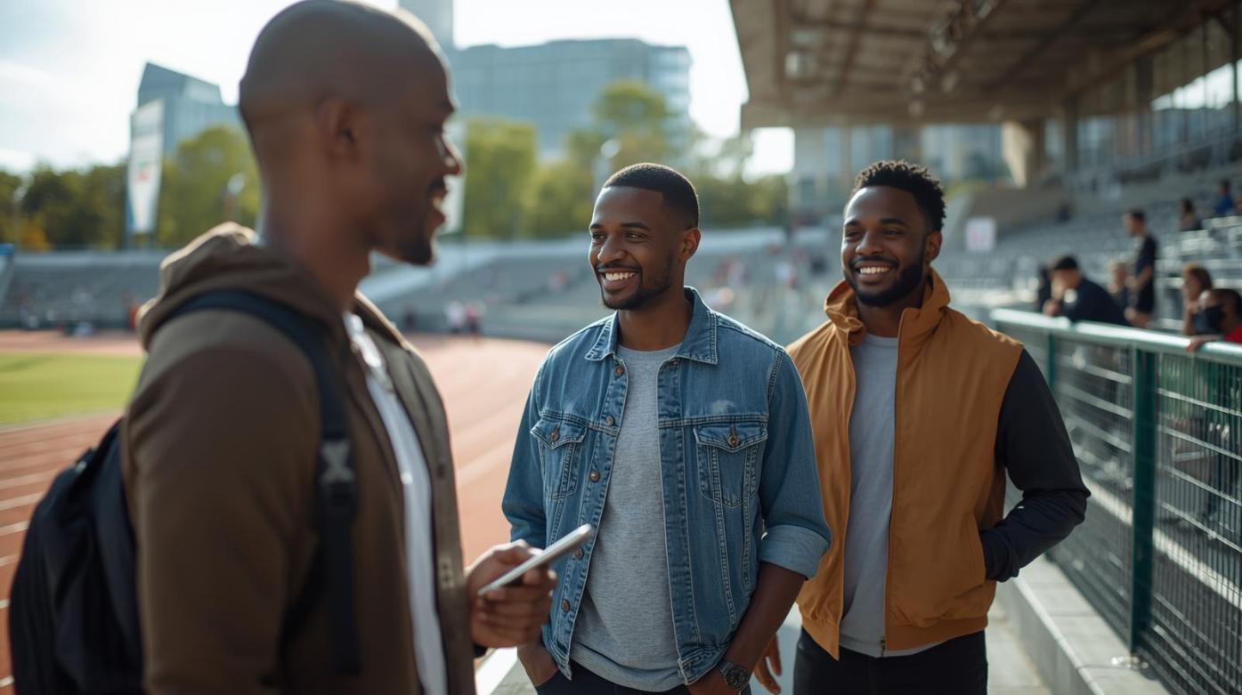 Friends outdoors discussing live sports while checking phones in bright modern setting.