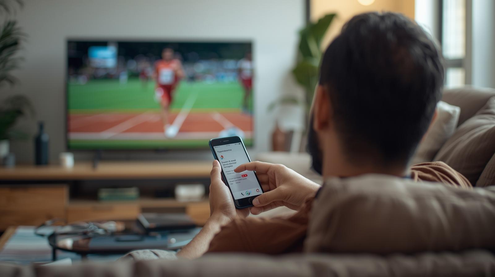 Man betting on smartphone in cozy home with blurred track-and-field TV background.