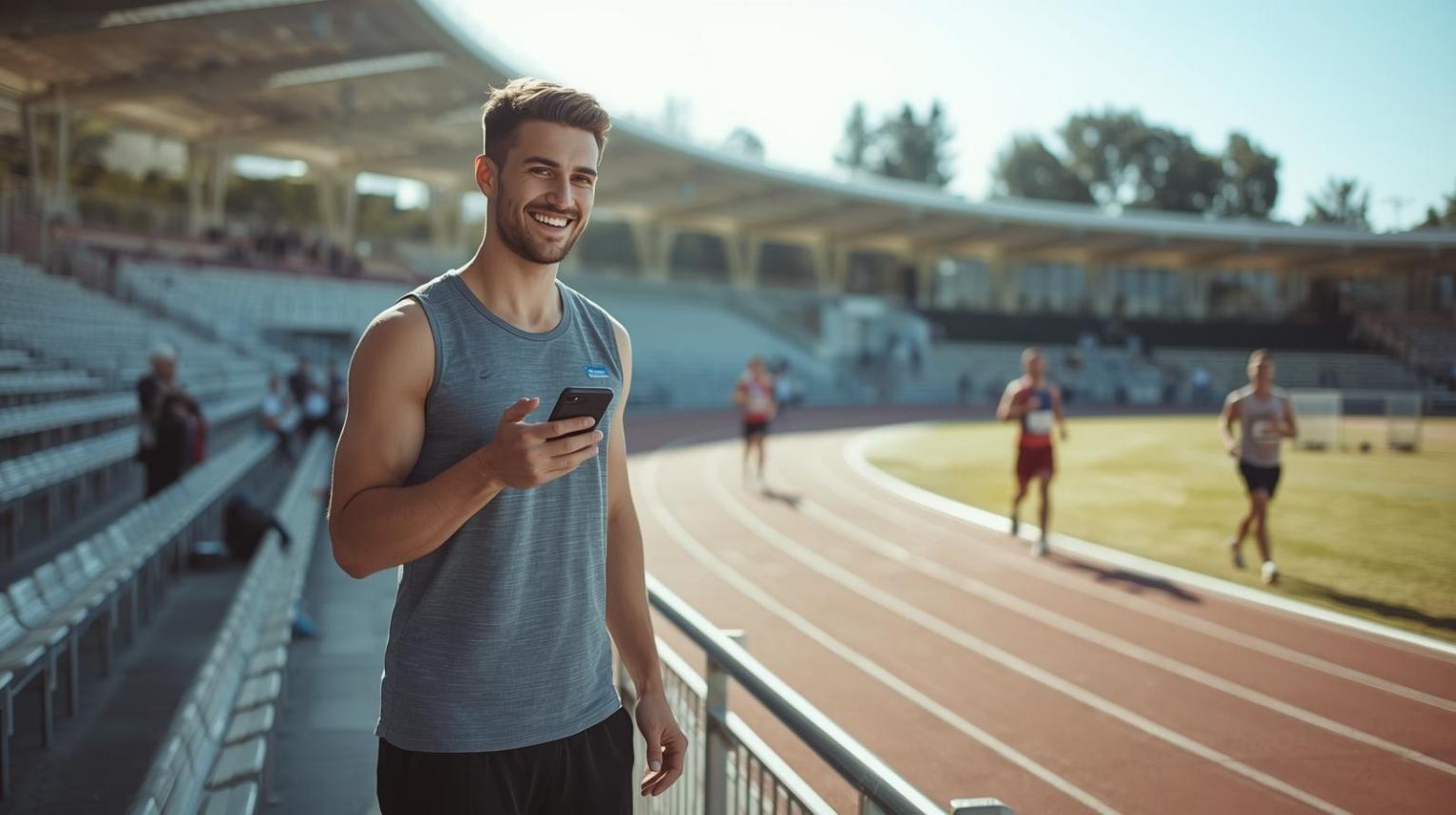 A relaxed sports fan enjoying a sunny day at a lively running stadium.