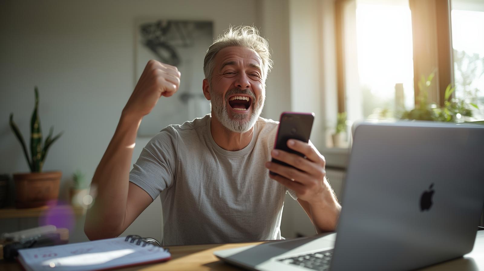 Excited online bettor celebrating a win while reviewing betting strategy notes nearby.