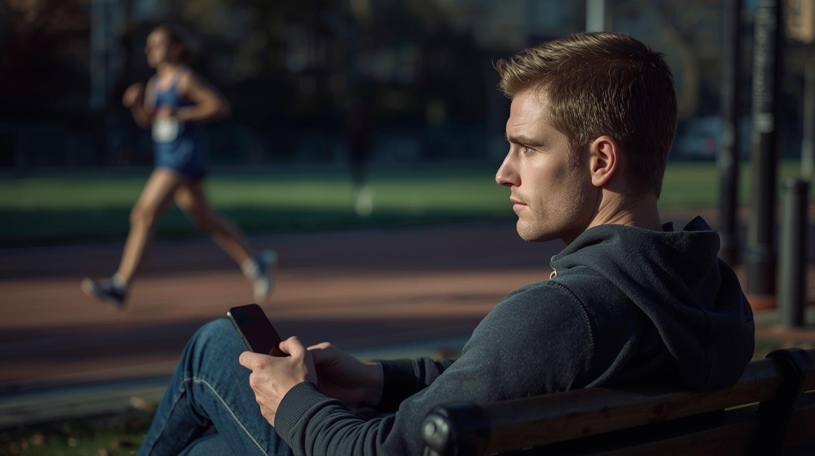 Man watching runners while calmly checking betting app outdoors in sunlight.