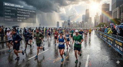 A marathon race under changing weather conditions with rain and sunlight, runners struggling through wind